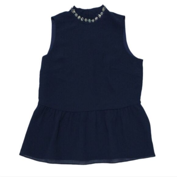 NWT J.Crew Jewel Neckline Peplum Sleeveless Navy Top, size XS - Picture 1 of 12